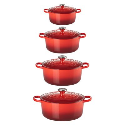 KIT LE CREUSET 4 PANELAS REDONDAS 20 22 24 E 26CM EM FERRO ESMALTADO VERMELHO