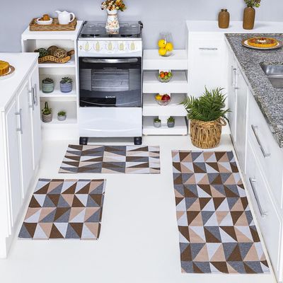 Kit Passadeira Tapete Cozinha 3 Peças Jacquard Base Antiderrapante - Losango Avelã