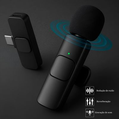 2 Microfones Wireless Lapela Adaptador IOS Encaixe Tipo C Sem Fio K9-2IN1-2 | Áudio Profissional Plug & Play