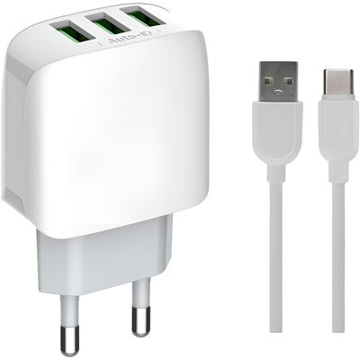 Adaptador Carregador Tomada Três Saídas Cabo USB-C