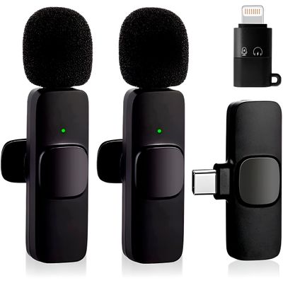 2 Microfones Wireless Lapela Adaptador IOS Encaixe Tipo C Sem Fio K9-2IN1-2 | Áudio Profissional Plug & Play