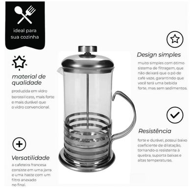 Cafeteira Prensa Francesa Café Leite Chá 350ml Inox - Mimo