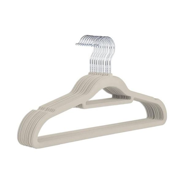 Kit com 100 Cabides Slim Veludo Flocado Bege Gancho de Metal