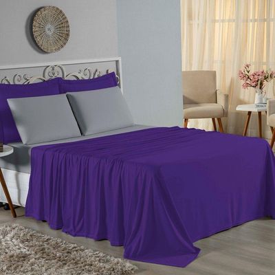 Jogo De Cama Solteiro Nobre 3 Peças Lençol Com Elástico De 30cm De Altura Malha 100% Algodão - Roxo / Cinza