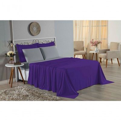 Jogo De Cama Solteiro Nobre 3 Peças Lençol Com Elástico De 30cm De Altura Malha 100% Algodão - Roxo / Cinza