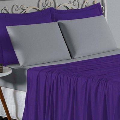 Jogo De Cama Solteiro Nobre 3 Peças Lençol Com Elástico De 30cm De Altura Malha 100% Algodão - Roxo / Cinza