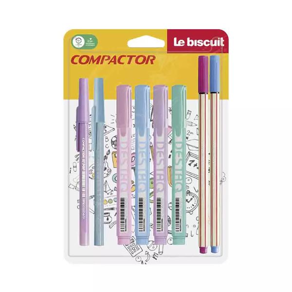 Kit Escrita Compactor 2 Canetas Pop, 2 Canetas Microlines, 4 Marcadores Destaq Pastel  Exclusivo Le