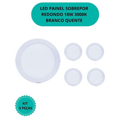 Plafon Led Sobrepor 18w Redondo 3000k Branco Quente Bivolt - Kit Com 5 Un.