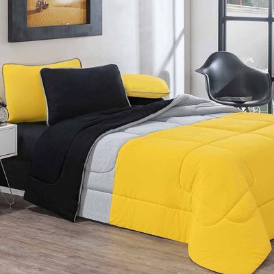 Kit Edredom Malha 100% Algodão Urbano 3 Peças Casal - Amarelo/Mescla/Preto