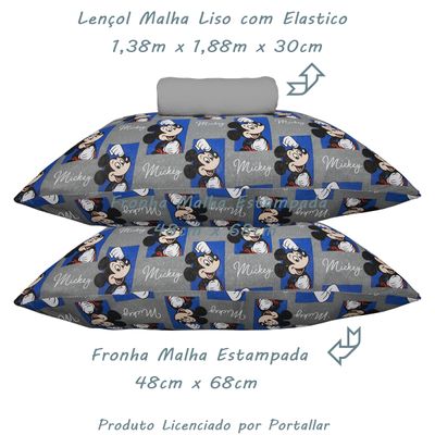 Jogo de Lençol KazzaVip Casal Malha 100% Algodão Play Disney Mickey Quadros 3 Peças Cinza