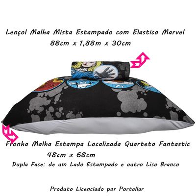 Jogo de Lençol KazzaVip Solteiro Malha Mista 70% Algodão e 30% Poliéster Joy Marvel Quarteto Fantastic 02 Peças Preto