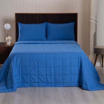 Kit Cobre Leito Colcha Speciale Casal Matelado Toque Acetinado 400 Fios 3 Peças Azul Royal