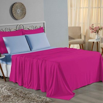 Jogo De Cama Casal Nobre 4 Peças Lençol Com Elástico De 30cm De Altura Malha 100% Algodão - Pink / Azul-bebê