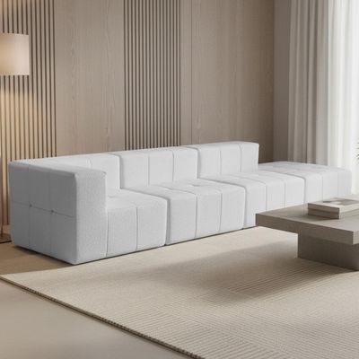 Sofá 4 Lugares Para Sala Living Modular Com Puff 352cm Lancaster F04 Bouclê Branco - Lyam Decor
