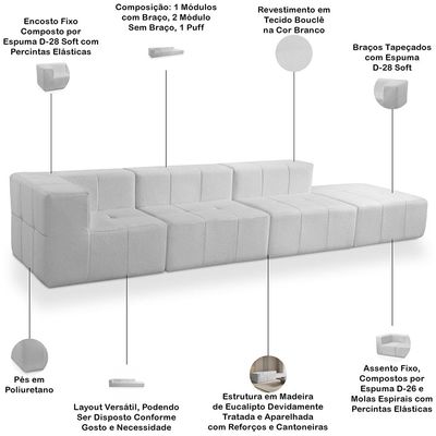 Sofá 4 Lugares Para Sala Living Modular Com Puff 352cm Lancaster F04 Bouclê Branco - Lyam Decor