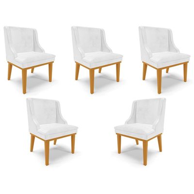 Kit 5 Cadeiras Decorativas Sala de Jantar Base Fixa de Madeira Firenze PU Branco Brilho/Castanho G19 - Gran Belo