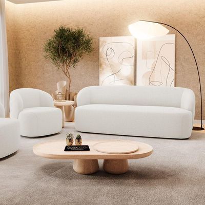 Poltrona Giratória E Sofá Orgânico Living Leez 170cm 02 Lugares Bouclê Off White - Desk Design