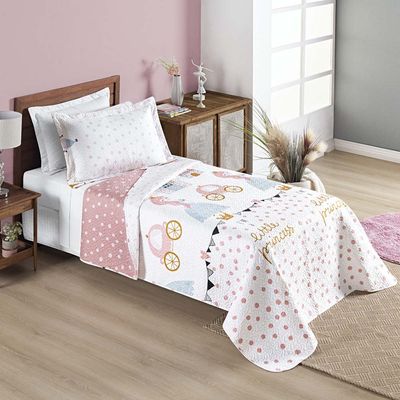 Kit Cobre Leito Colcha Carrosel Infantil Solteiro 2 Peças Microfibra Dupla Face - Princesa Princess