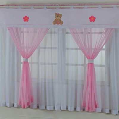 Cortina Quarto Bebê Menina Ursinha Baby Bordada Voal 2,00 x 1,80m - Rosa