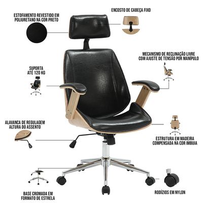 Cadeira Para Escritório Presidente Giratória Office Natural Polaris Corano R01 Preto - Lyam Decor