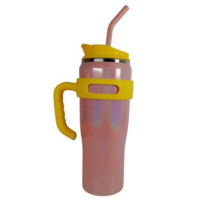 Copo Térmico Inox com Alça Canudo Esmaltado Glitter 1200ml – Portátil, Prático | Bege com Amarelo