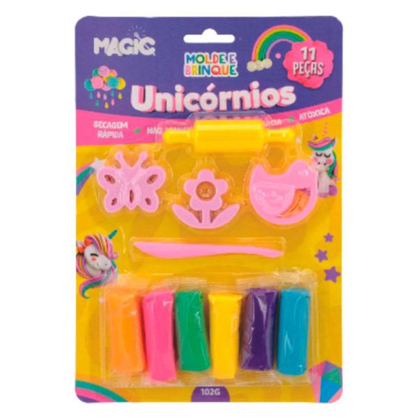 Kit de Massa de Modelar Unicórnios Magic Kids Molde e Brinque 11 Peças