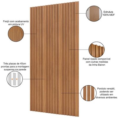 Painel Ripado de Madeira Para Sala Quarto 134x183cm Bairon D03 Freijó - Lyam Decor