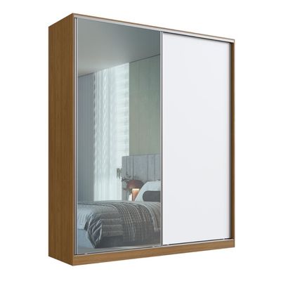 Guarda Roupa Solteiro com Espelho 2 Portas de Correr RC2006 Emovell Freijó Natural e Branco 200x59,8x235cm Branco