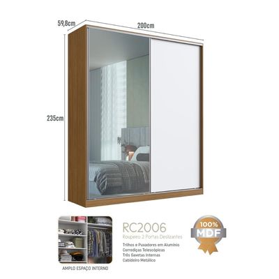 Guarda Roupa Solteiro com Espelho 2 Portas de Correr RC2006 Emovell Freijó Natural e Branco 200x59,8x235cm Branco