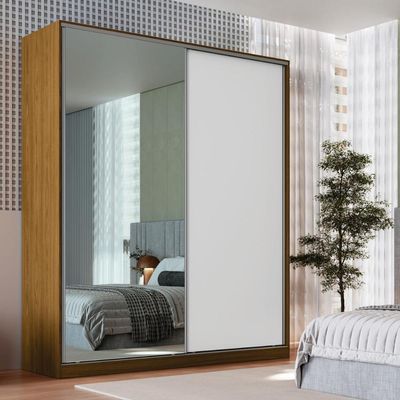 Guarda Roupa Solteiro com Espelho 2 Portas de Correr RC2006 Emovell Freijó Natural e Branco 200x59,8x235cm Branco
