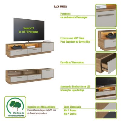 Rack Para Tv Até 75 Polegadas Com Iluminação Led Ravenna Grafite