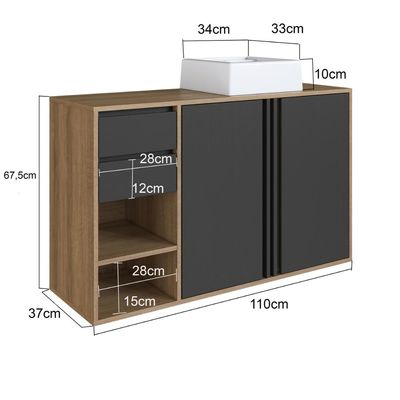 Gabinete de Banheiro 110cm Antônia com 2 Portas Gavetas e Cuba Branca