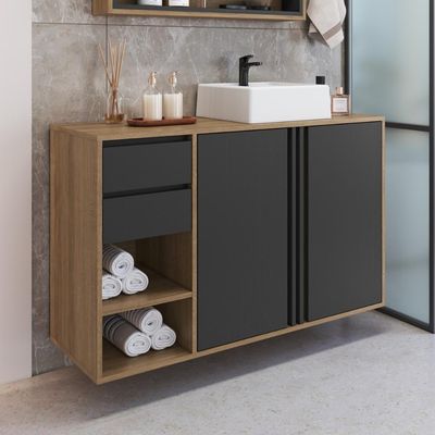 Gabinete de Banheiro 110cm Antônia com 2 Portas Gavetas e Cuba Branca