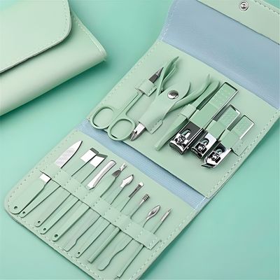 Kit Manicure e Pedicure 16 Peças Portátil – Estojo Slim em Couro PU para Unhas, Cutículas e Cuidados Pessoais