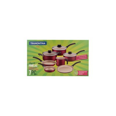 Conjunto de Panelas e Utensílios Antiaderente com Tampa de Vidro Tramontina Turim Cereja 7 Peças