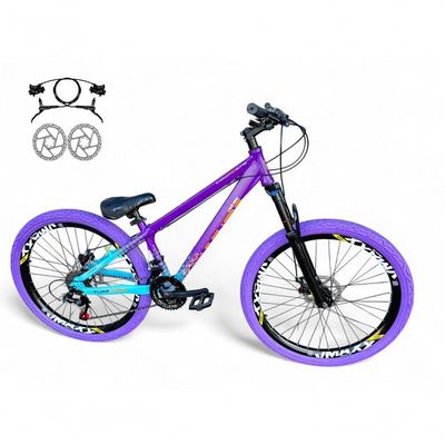 Bicicleta Aro 26 Vikingx Tuff Freio Hidráulico 21v Freeride Rodas Vmaxx Suspensão Pneu Flame Roxo-Azul X44
