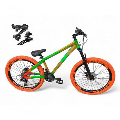 Bicicleta Aro 26 Vikingx Tuff Câmbios Shimano 21v Freeride Freio A Disco Aro Vmaxx Pneu Flame Verde-Laranja X35