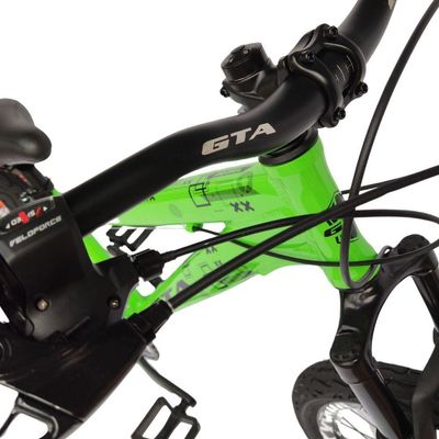 Bicicleta Aro 26 Gta Rebel Freeride Downhill Single 7v Rodas Vmaxx Freio A Disco Pneu Flame Preto Verde