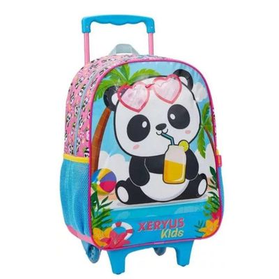 Mochila Rodinhas Panda Rosa Lancheira Estojo Infantil Escolar Xeryus