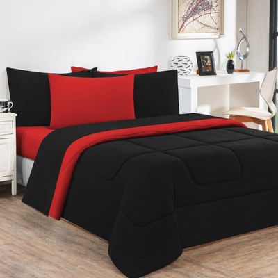Kit Edredom Malha 100% Algodão Gran Moratta 3 Peças Queen - Preto/Vermelho