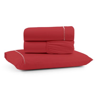 Jogo de Lençol Luiza Solteiro 3 Pçs Percal 100% Algodão 180 Fios Ponto Palito - Vermelho