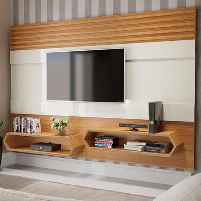 Painel Para TV 65 Pol Suspenso 220cm 2 Nichos Hexagon D03 Off White Freijó - Lyam Decor