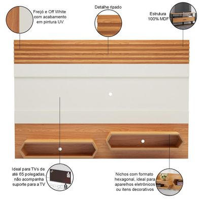 Painel Para TV 65 Pol Suspenso 220cm 2 Nichos Hexagon D03 Off White Freijó - Lyam Decor