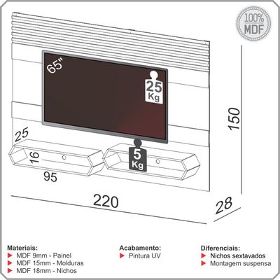 Painel Para TV 65 Pol Suspenso 220cm 2 Nichos Hexagon D03 Off White Freijó - Lyam Decor
