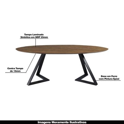 Mesa Sala de Jantar 6 Lugares 218cm Tampo Oval Efron Nogueira/Preto - Gran Belo