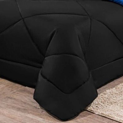Kit Edredom + Jogo De Lençol Aconchego Look House Dupla Face Solteiro 04 Peças - Preto/ Azul