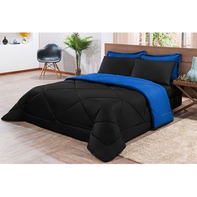 Kit Edredom + Jogo De Lençol Aconchego Look House Dupla Face Solteiro 04 Peças - Preto/ Azul