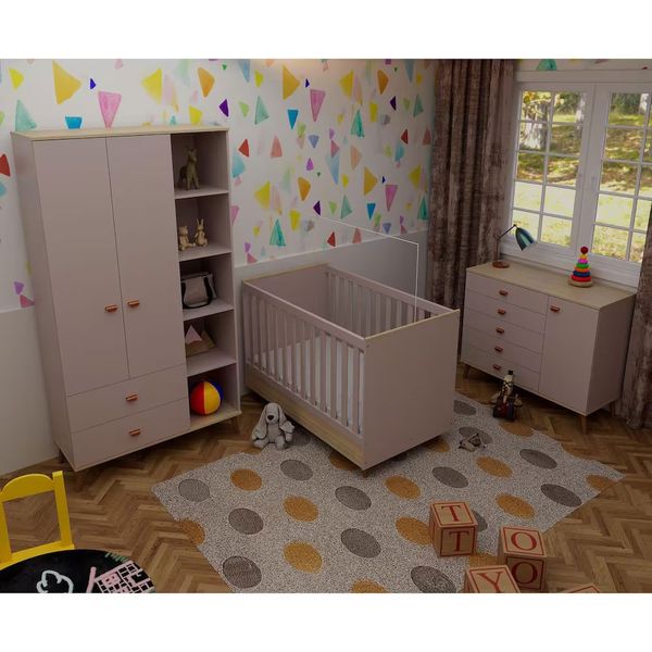 Quarto Infantil Completo Ternura Guarda-Roupa 5 Nichos Cômoda 5 Gavetas Berço Conversível Bartira Rosa