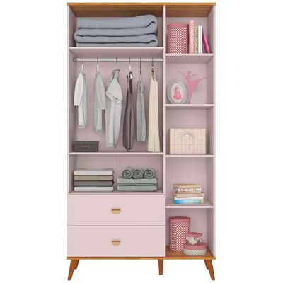 Quarto Infantil Completo Ternura Guarda-Roupa 5 Nichos Cômoda 5 Gavetas Berço Conversível Bartira Rosa