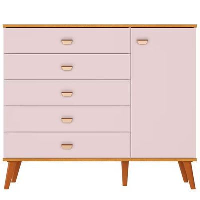 Quarto Infantil Completo Ternura Guarda-Roupa 5 Nichos Cômoda 5 Gavetas Berço Conversível Bartira Rosa